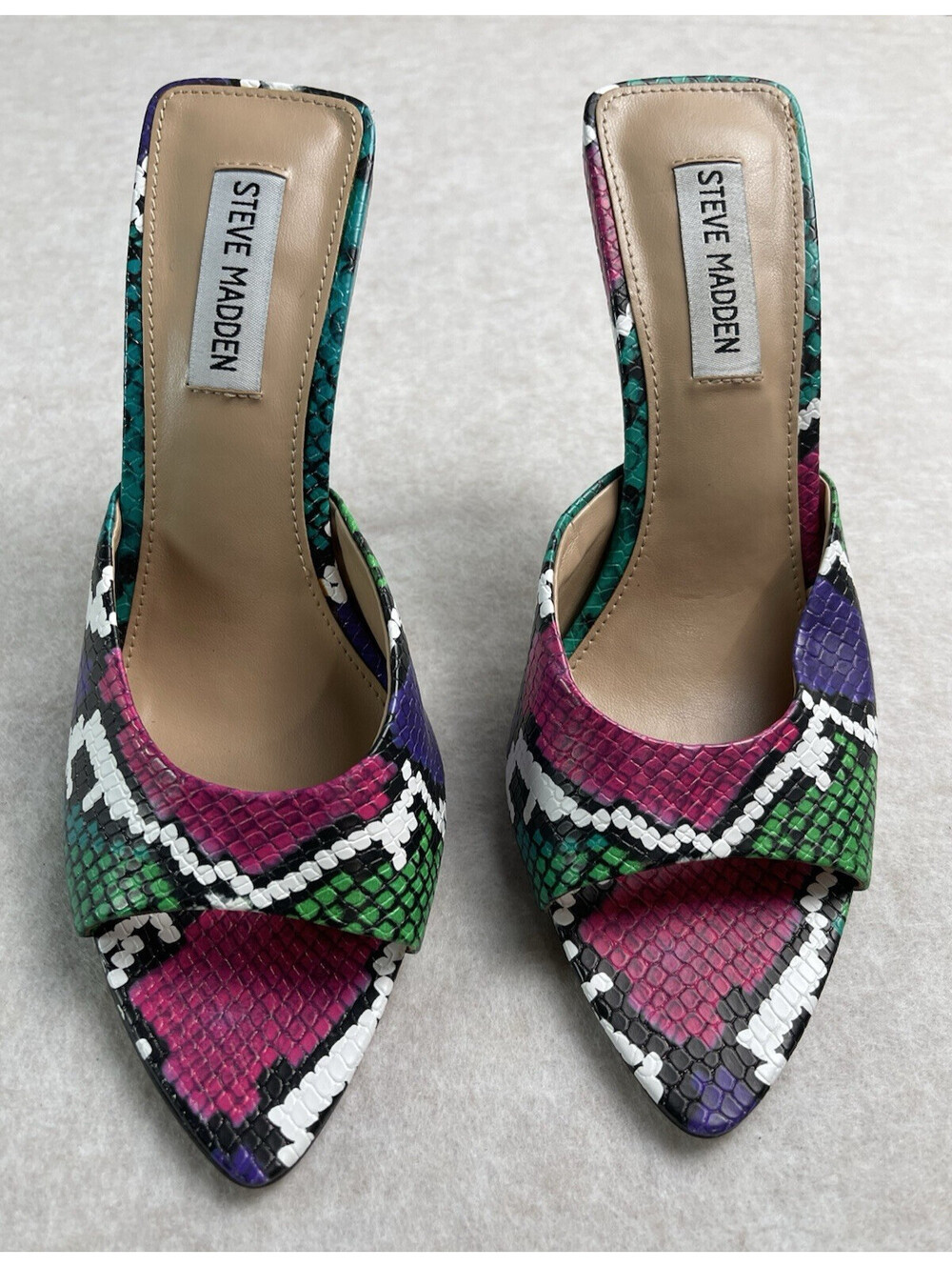 NWOB Steve Madden Dainty 7.5 Multicolor Snake Print Open Toe Stiletto Heels
